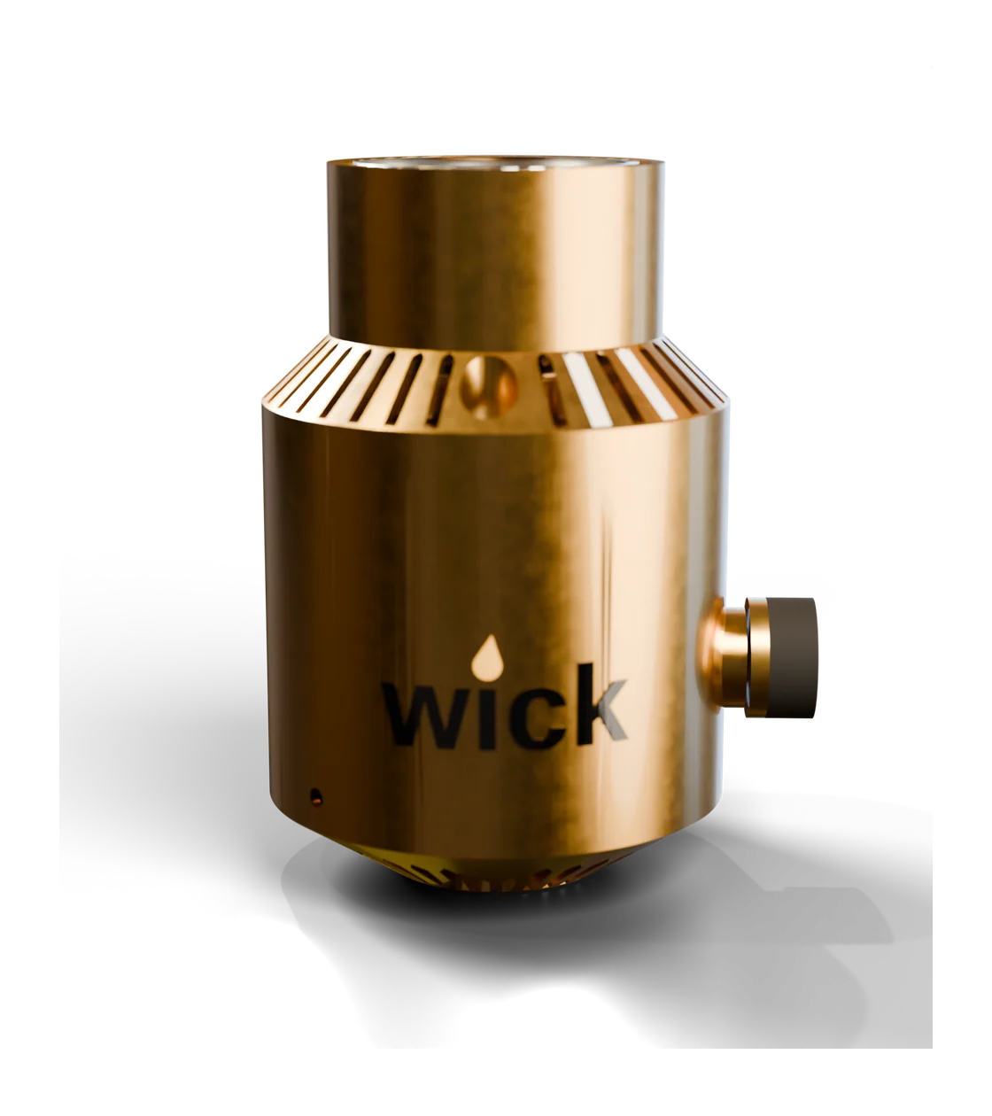 wick in satin Brass, cone shape, with a black enamel wordmark and a turned brass knob