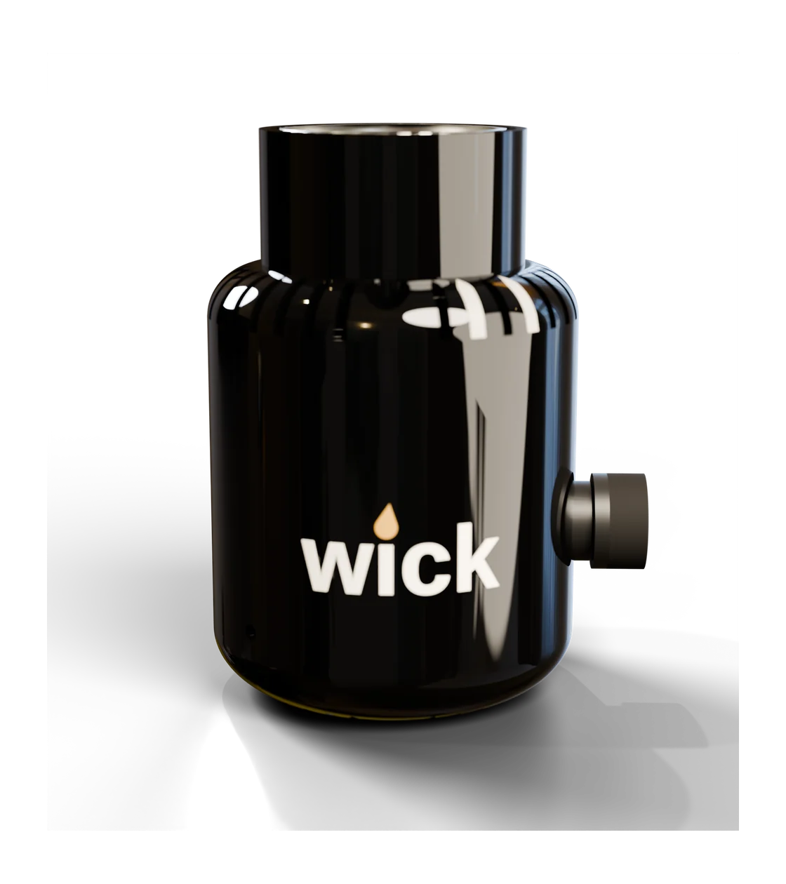 wick in piano black, bell shape, with a white wordmark