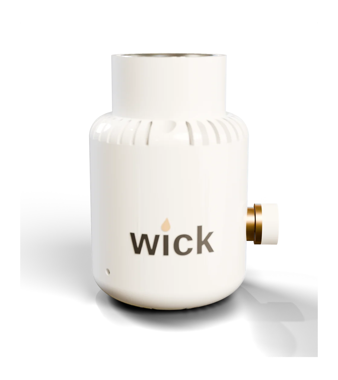 wick in Gloss white, bell shape, with a dark wordmark and brass knob