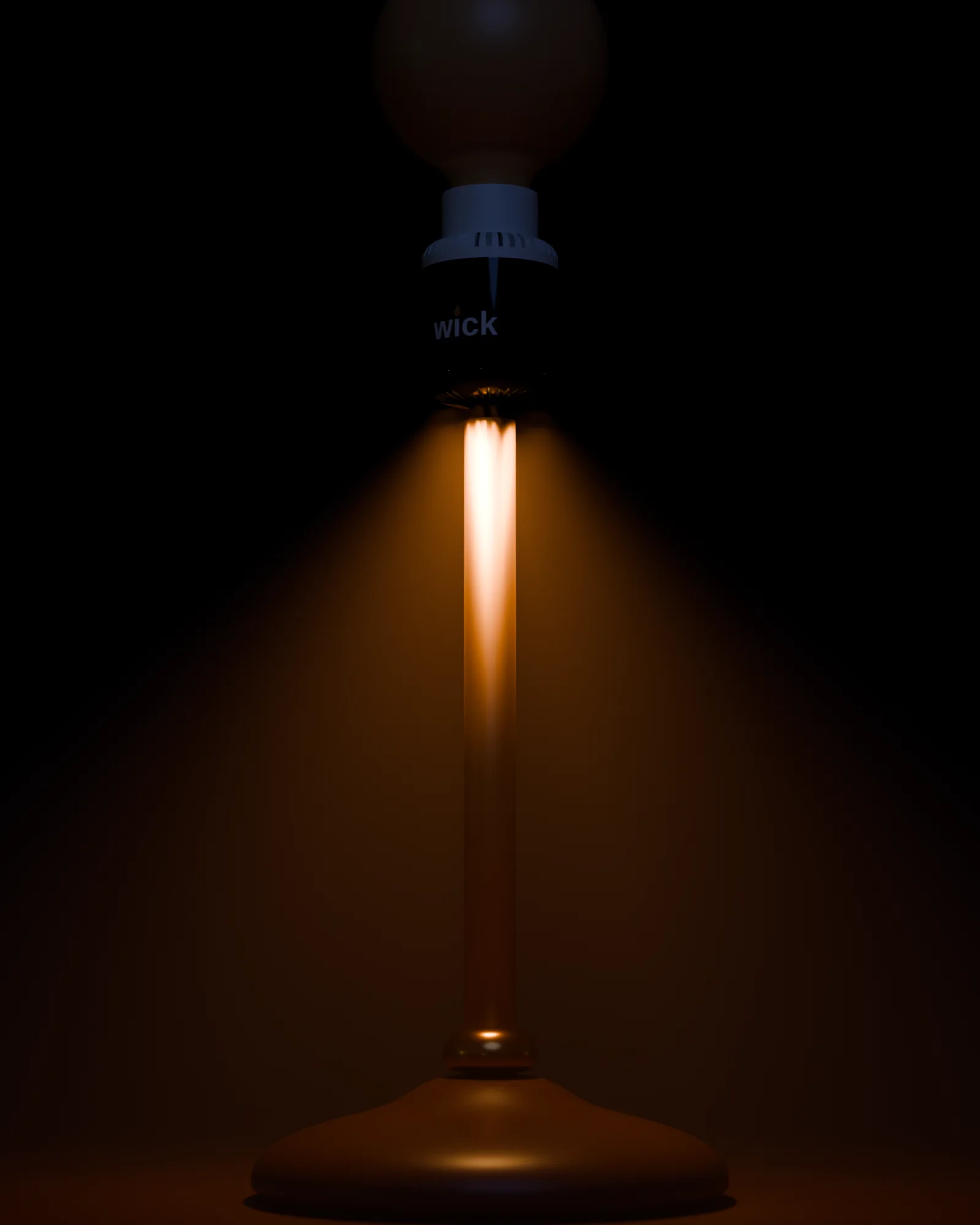 At night with the bulb off, warm light falls from the louvers under a Tuxedo wick in the bell shape onto a brass stem and walnut base