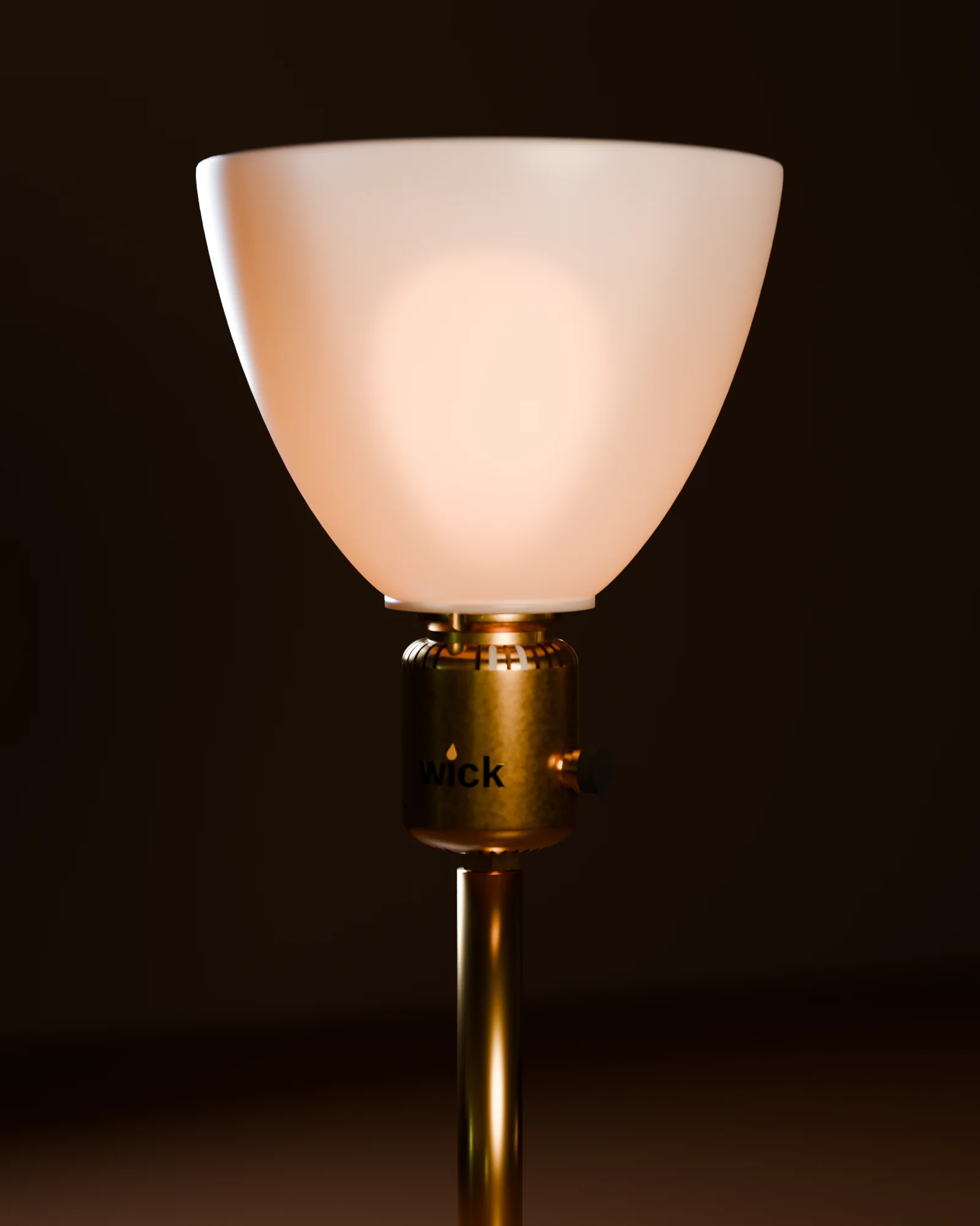 A Brass wick in the bell shape with an Uno thread holding an opal glass shade on a brass stem